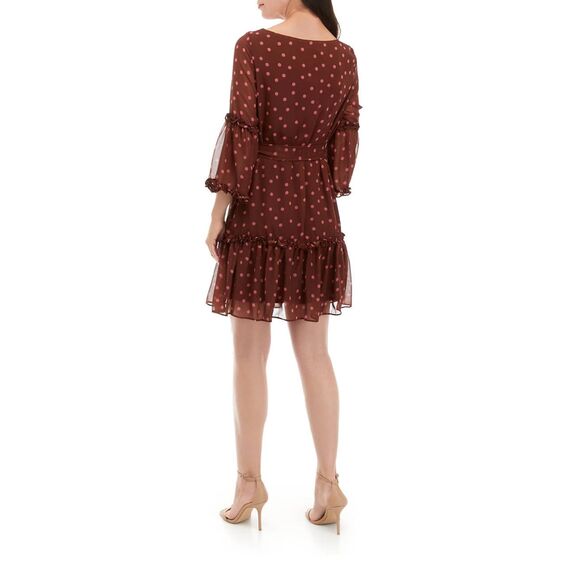 NWT Maison Tara Boho Fit Flare Chiffon Dot Print Dress 3/4 Sleeve Mocha Rose 14 - Picture 7 of 9